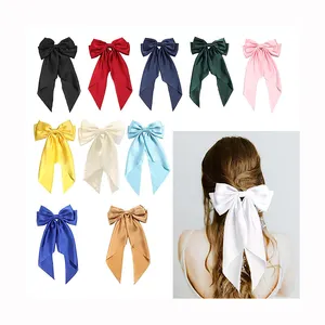 2024 Large Solid Hair Bows Hairpin New Design Silky Satin Bow Hair Clips Long Tail Bows Clip For Girls Women