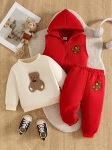 Ensemble 3 pièces unisexe pour bébé (6M-3T) : <span class=keywords><strong>Gilet</strong></span> à capuche zippé, sweat-shirt et pantalon de jogging avec applique ours en peluche – Vente en gros - Product Image 1