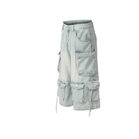 Pantalon en jean court délavé vintage pour femmes taille moyenne Style droit trois-quarts été Cargo Jeans poches tendance de la rue