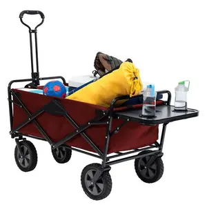 Outdoor Collapsible Folding Beach Utility Wagon Cart With Folding Table And Drink Holders