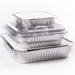 Utilidad de grado alimenticio Envasado de alimentos Tapa de plástico Desechable Único Catering Sartenes Plata TIA 1900ml Bandejas Papel de aluminio