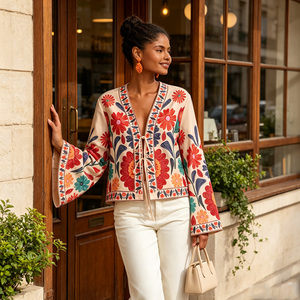 Blusa de Mujer con Mangas Kimono Bordadas con Flores, Cuello en V, Estilo Bohemio, Holgada, de Manga Larga para Primavera/Verano - Product Image 5