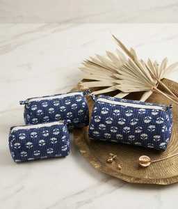 Set de Bolsas Cosméticas Acolchadas de Algodón con Estampado Artesanal, Color Índigo Sólido, con Cremallera, Organizador de Artículos de Aseo, Ideal para Viajes y Playa, 3 Piezas - Product Image 3