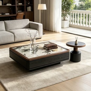 Ensemble de tables basses carrées de luxe léger avec plateau en marbre naturel, cadre en bois et rangement, tables d'appoint rondes gigognes pour l'ameublement de la maison - Product Image 6