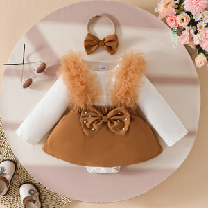 Tutina/Vestitino per <span class=keywords><strong>Neonata</strong></span> Autunno Inverno a Maniche Lunghe in Maglia a Costine con Scollo a V, con Fondo in Rete a Tinta Unita, Fiocco e Perline - Product Image 3
