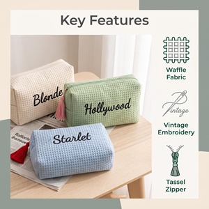Nouvelle conception de trousse de maquillage en coton gaufré, logo brodé personnalisé, trousse à cosmétiques avec pompons, trousse de toilette portable à fermeture éclair pour femme - Product Image 5