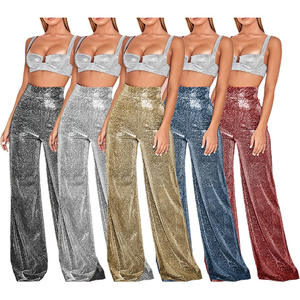 Custom Women Metallic <strong>Sparkly</strong> <strong>Wide</strong> <strong>Leg</strong> Pants Glitter Silver <strong>Trousers</strong> High Waist Straight Tube Sexy Club-Wear Women Pants - Product Image 1