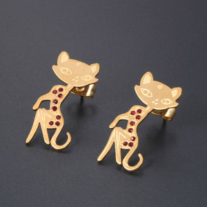 Cartoon Cat <b>Stud</b> Earrings Gold Plated <b>Titanium</b> Steel Animal Zodiac Jewelry For Women CF081 - Product Image 3
