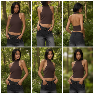 Backless <b>Mock</b> <b>Neck</b> Knit Vest Dark Brown S Women's <b>Top</b> - Product Image 3