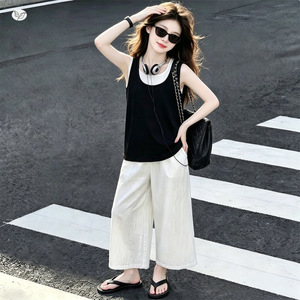 Completo Estivo 2026 Bicolore per <span class=keywords><strong>Bambina</strong></span>: Top Corto e <span class=keywords><strong>Pantaloni</strong></span> a Gamba Larga per Ragazze Più Grandi - Product Image 2
