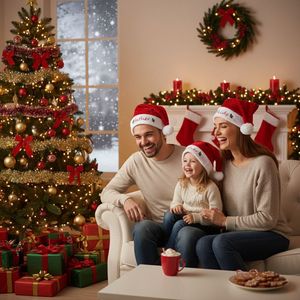 Ensemble familial de luxe en peluche courte, bonnet de Noël brodé pour parents et enfants, décorations de Noël - Product Image 5