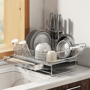 304 Stainless Steel <b>Kitchen</b> Countertop Drain Rack Non-Folding Double Tier Waterproof Towel <b>Storage</b> with Modern Design - Product Image 3