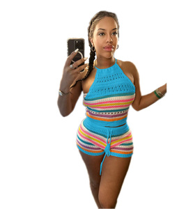 طقم كروشيه قصير مخطط من قطعتين بدون أكمام طقم محبوك من قطعتين طقم كروشيه كاجوال للنساء - Product Image 5