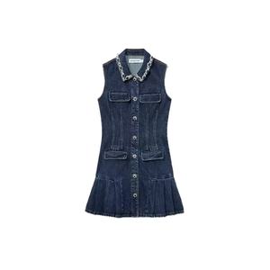 Vestido de Mezclilla Personalizado para Mujer, Estilo Elegante, Corte Ajustado, Falda Plisada, Sin Mangas, Cuello Camisero - Product Image 4