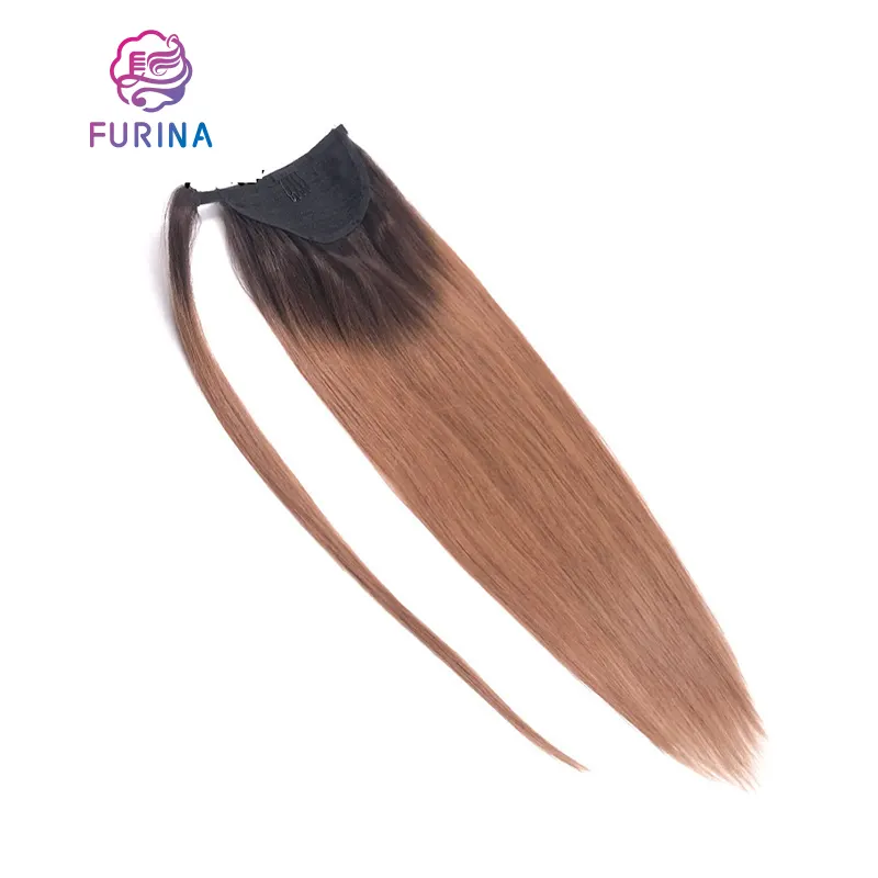 Tendencia de moda de cabello humano 100% coletas sedosas crudas cabello negro y marrón envolver alrededor de coletas para mujeres negras