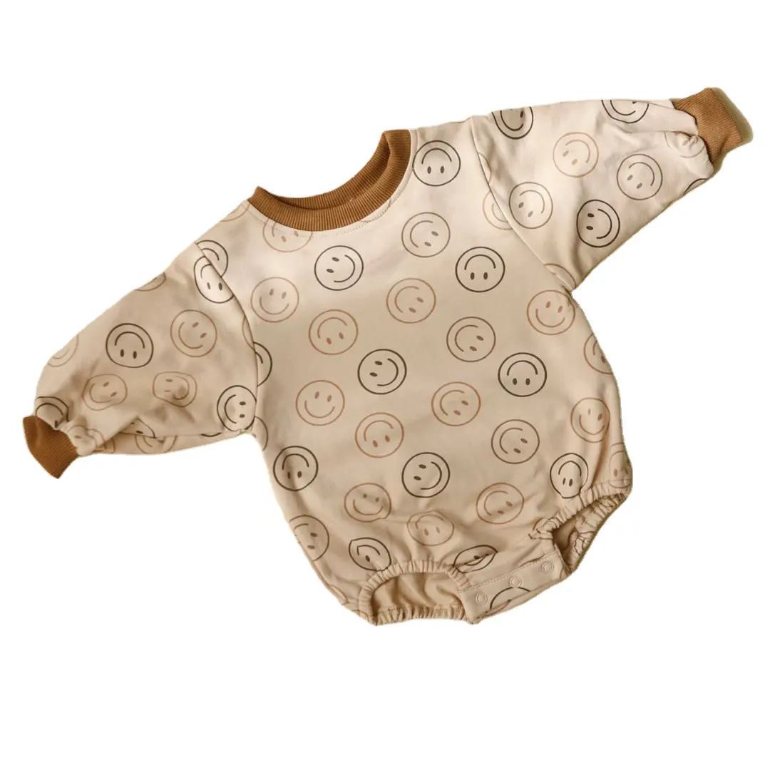 Benutzer definierte Muster & Logo Großhandel OEM Neugeborene Baby Mädchen Solid Smiley Stram pler Unisex Infant Smiley Outfit Kleidung Baumwolle Overalls
