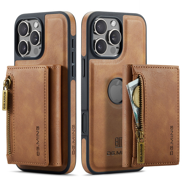 Luxury Leather Magnetic Detachable Zipper Wallet Mobile Phone Case for iPhone 16 Pro Max Card Pocket Design