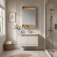 Meuble sous-vasque mural avec éclairage d'ambiance, vasque flottante avec étagère inférieure, facile à nettoyer et au design classique