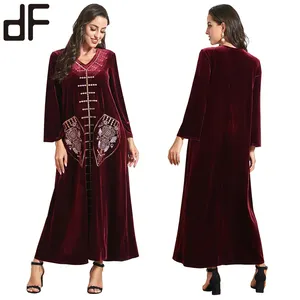 Nieuwe Koninklijke Marokkaanse Fancy Dubai Kaftan Abaya Jalabiya Islamitische Fluwelen Geborduurde Ontwerp Abaya Kaftan Jurken Met Zakken