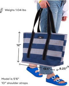 Grand sac de plage rayé pour femmes - Sac fourre-tout durable en maille tissée pour la plage et la <span class=keywords><strong>piscine</strong></span>, idéal pour les escapades à la plage - Product Image 5