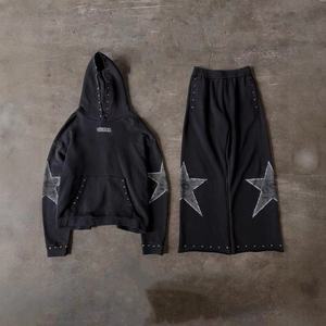 Tuta Sportiva <span class=keywords><strong>in</strong></span> Due Pezzi con Strass, Felpa con Cappuccio Personalizzata, Completo da Jogging Oversize per Uomo con Applicazioni Ricamate - Product Image 1