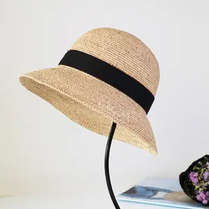 Stylish Raffia Straw Hand Crochet Customized Unique Bowknot Bucket Hats For Summer