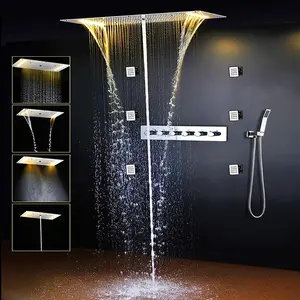 Banyo tavanı Led termostatik duş musluk seti yağış şelale çok fonksiyonlu duş başlığı 5 yollu duş saptırıcı