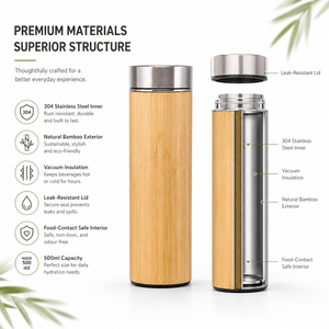 Premium Natural <b>Bamboo</b> 500ml Vacuum Flask 304 Stainless Steel Double Wall Insulated Water Bottle with Custom Logo for Bulk Gift - Product Image 4
