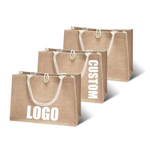 Sacs de shopping en toile de jute laminée avec fermeture à bouton en bois, sacs cadeaux écologiques réutilisables, sacs à main en jute vierges avec votre logo - Product Image 1