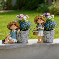 Figurine de garçon et de fille en résine multifonctionnelle Yuandian avec pot de fleurs, ornement de jardin, sculpture de bureau pour pelouse et cour