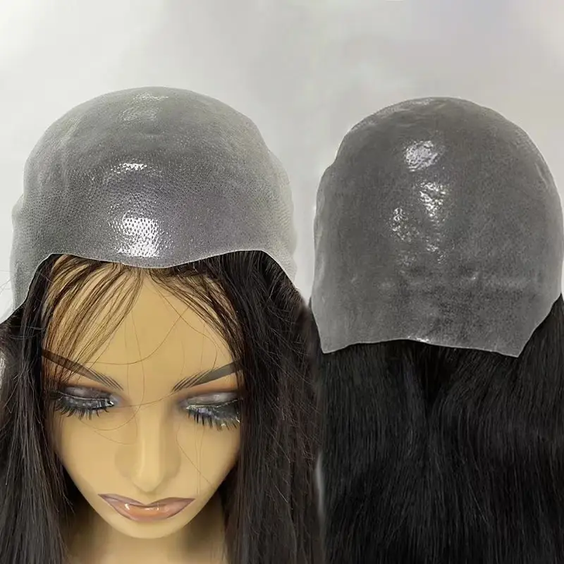 Cabelo de virgem humano sem cola, para mulher, sistema de substituição, pacientes com câncer processado, base de silicone, peruca médica de alopecia