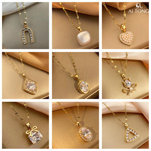 14K chapado en oro de acero inoxidable flor corazón Bowknot cobre circón grueso luz lujo moda colgante collar PARA CENA fiesta - Product Image 1