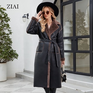 高品質 高級ベルト付きターンカラー 卸売 カスタマイズ レディース ラムファー トリム ロング レザーコート - Product Image 2