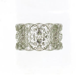 18K White Gold Honeycomb Texture <b>Diamond</b> Accent Wide Band Ring Luxury Modern <b>Jewelry</b> For Women - Product Image 1