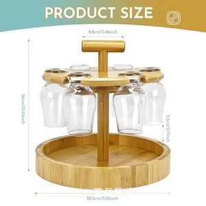 Porte-verres à vin rotatif en bois avec plateau de rangement pour la cuisine et le salon, idéal pour les fêtes, couleur bois naturel, design rond - Product Image 3