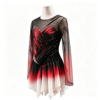 Robe de patinage artistique à manches longues en maille dégradée rouge et noir, dos ouvert ajouré, ornée de strass, pour filles et enfants, danse sur glace