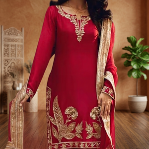 Robe décontractée marron avec kurta brodée, palazzo et dupatta - Product Image 5