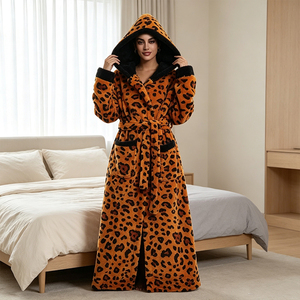 Accappatoio Invernale Ultra Morbido e Caldo con Cappuccio, Stampa Leopardata Arancione, in Flanella Spessa, Lunghezza Intera, ODM XL, per Casa, Hotel, Spa, Abbigliamento <span class=keywords><strong>da</strong></span> <span class=keywords><strong>Notte</strong></span> e Relax - Product Image 2