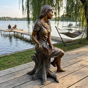 Statue <span class=keywords><strong>de</strong></span> <span class=keywords><strong>dame</strong></span> assise en bronze antique tenant un livre ouvert sur un socle en arbre, statue en bronze - Product Image 3