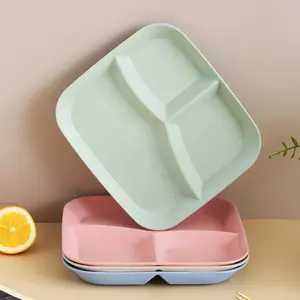 성인/어린이 3 그리드 식사 접시 밀 밀짚 섬유 플라스틱 접시 친환경적이고 생분해성 사각 접시
