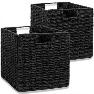 Modern Black Woven Eco-Friendly <b>Large</b> <b>Storage</b> <b>Basket</b> Square Cotton Rope Organizer Bin with Handles for Home Bedroom Closet - Product Image 3