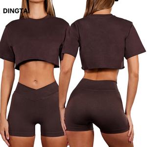 低最小起订量高品质女性2件短袖裁剪顶级健身房套装瑜伽健身运动休闲套装 - Product Image 5