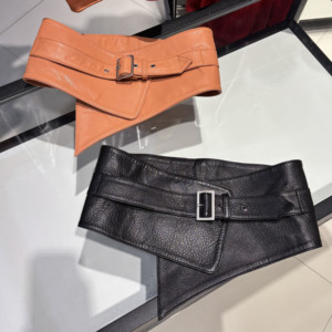 女性用本革ワイドコルセットウエストベルト、アシンメトリーポイントヘム、調節可能なシープスキンウエストバンド - Product Image 1
