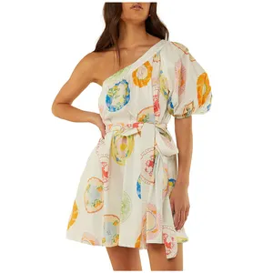 OEM manufacturer Customized Women's Floral Printing Rayon Asymmetric One-shoulder Mini dress