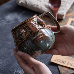 แก้วเซรามิคลายโบราณพร้อมหูจับสีบรอนซ์ แก้วเดี่ยวสำหรับใช้ในบ้าน - Product Image 2