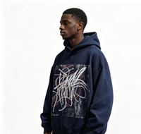 Sweat-shirt à capuche streetwear personnalisé imprimé Kornit, 100% coton, écologique, épais, effet vieilli, délavé à l'acide, bleu marine