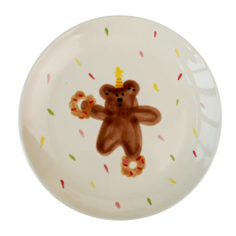 Ins cute hand drawn donut teddy bear Ceramic Dining Plate Family Fun Children's Breakfast Bread Plate Couple Gift Cup Plate Set