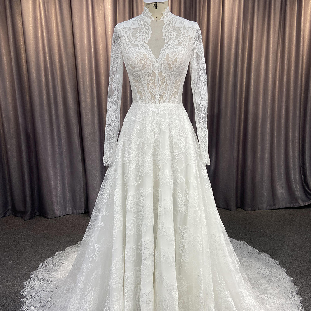 chinese dress ladies Zapaka Women A-Line Wedding Dress White Long Sleeves High Neck Bridal Dress  with Lace – ZAPAKA main image 0