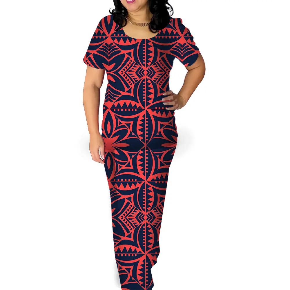 2022 Maxi Dresses for Women Polynesian Tribal Samoan Red Tapa Flower Print Custom Samoan Puletasi Two Piece Elegant Dresses