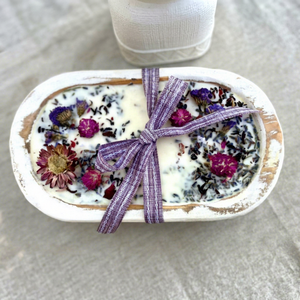 Handmade Oval Wooden Bowl With Dried Flowers And Purple <b>Ribbon</b> Home Decoration Vessel - Product Image 1